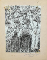 Carl W. Luckscheiter (?-?), működött 1930 körül Dél-Németországban: 20 db humoros, groteszk, karikatúraszerű rajz. Tus, papír, mind jelzett. Részben kartonra kasírozva. Helyenként foltos és kissé sérült. 25×17 és 46x34 cm