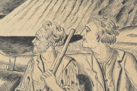 Carl W. Luckscheiter (?-?), működött 1930 körül Dél-Németországban: 20 db humoros, groteszk, karikatúraszerű rajz. Tus, papír, mind jelzett. Részben kartonra kasírozva. Helyenként foltos és kissé sérült. 25×17 és 46x34 cm