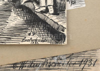 Carl W. Luckscheiter (?-?), működött 1930 körül Dél-Németországban: 20 db humoros, groteszk, karikatúraszerű rajz. Tus, papír, mind jelzett. Részben kartonra kasírozva. Helyenként foltos és kissé sérült. 25×17 és 46x34 cm