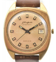 Glashütte GUB Spezimatic 26 Rubis Made in GDR mechanikus vintage férfi karóra 855433 goldplaque. Automata szerkezettel, működik, bőr szíjjal, baloldalon kis sérülés a tokon. d: 35 mm