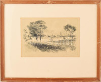 Csergezán Pál (1924-1996) Folyópart. Rézkarc, papír, jelzett, üvegezett fakeretben, kissé foltos, 19×29,5 cm