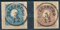 1858 10kr + 15kr I. típusú bélyegek azonos napi 'PRESSBURG' bélyegzéssel, luxus példányok