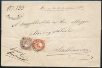 1858 5kr + 10kr ajánlott levélen (hátoldalon egy 10kr bélyeg sarka) / on registered cover (10kr stamp piece on the backside) 'NAGY BÁNYA' - Szathmár