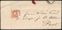 1858 5kr I. típus levélen, teljes tartalommal, 'BALÁSSA GYARMAT' - 'PESTH'
