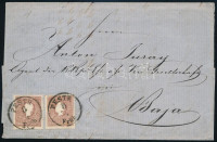 1858 Túlsúlyos levél 2x10kr bérmentesítéssel, 'PESTH / Früh' - 'BAJA'