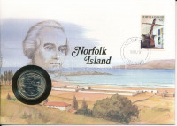 Ausztrália 1981. 20p Cu-Ni 'II. Erzsébet', Norfolk-sziget felbélyegzett borítékban, bélyegzéssel, német nyelvű leírással T:UNC Australia 1981. 20 Pence Cu-Ni 'Elizabeth II' in Norfolk Island envelope with stamp, with German description