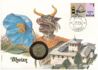 Bhután 1974. 20ch Cu-Al-Ni 'FAO' forgalmi emlékérme felbélyegzett borítékban, bélyegzéssel T:AU Bhutan 1974. 20 Chetrums Cu-Al-Ni 'FAO' circulating commemorative coin in envelope with stamp, and cancellation C:AU
