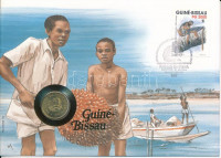 Bissau-Guinea 1977. 1P Al-Br felbélyegzett borítékban, bélyegzéssel, német nyelvű tájékoztatóval T:UNC Bissau-Guinea 1977. 1 Peso Al-Br in envelope with stamp, cancellation and a prospectus in german C:UNC