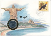 Brazília 1984. 50C acél felbélyegzett érmés borítékban, bélyegzéssel T:UNC Brasil 1984. 50 Cruzeiros steel in coin envelope with stamp, cancellation C:UNC