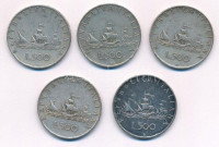 Olaszország 1960R 500L Ag 'Kolumbusz hajói' (5x) T:2,2- patina, ph.Italy 1960R 500 Lire Ag 'Columbus' ships' (5x) C:XF,VF patina, edge errorKrause KM#98