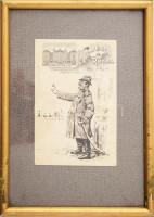 Faragó József (1877-1928): Rendőr. Tus, toll, papír, jelzés nélkül. Grand Hotel Royal Nagy-Szálloda képeslapján. Hátoldalán Kézdi-Kovács László (1864-1942) festőművész, műkritikus autográf feliratával. Üvegezett fakeretben