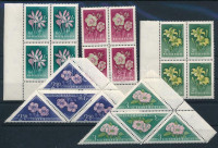 1958 Virág III. sor négyestömbökben, közte fordított párok / Mi 1534-1541 blocks of 4