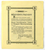 Baróti Szeszfinomító-, Likőr- és Rumgyár Részvénytársaság, 25 részvényutalvány, egyenként 200 koronáról, Budapest, 1923. október.